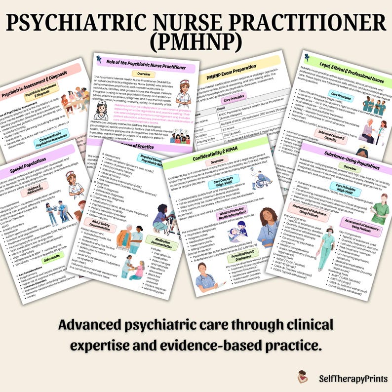 Op de afbeelding: Een verzameling educatieve printables voor de studie van Psychiatric Nurse Practitioner (PMHNP). De documenten behandelen onderwerpen als beoordeling, examenvoorbereiding, juridische kwesties en middelenmisbruik. De tekst luidt: "Geavanceerde psychiatrische zorg door klinische expertise en evidence-based practice."