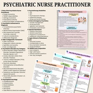 Op de afbeelding: Educatief materiaal voor psychiatrisch verpleegkundigen. De afbeelding toont gedetailleerde lijsten, diagrammen en aantekeningen over psychiatrische beoordeling, psychotherapiemodaliteiten en psychofarmacologie. Materialen zijn bedoeld voor studie en examenvoorbereiding.
