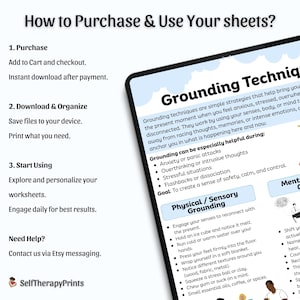 May include: A digital worksheet titled "Grounding Techniques" with instructions on how to purchase and use the sheets. The worksheet includes information on grounding techniques, helpful scenarios, and physical/sensory grounding exercises.