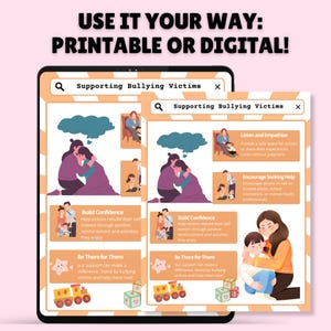 Puede incluir: Un p&oacute;ster imprimible o digital con consejos para apoyar a las v&iacute;ctimas de acoso. El p&oacute;ster presenta ilustraciones de personas que se consuelan mutuamente e incluye texto como "Construir confianza", "Estar ah&iacute; para ellos", "Escuchar y empatizar" y "Fomentar la b&uacute;squeda de ayuda".