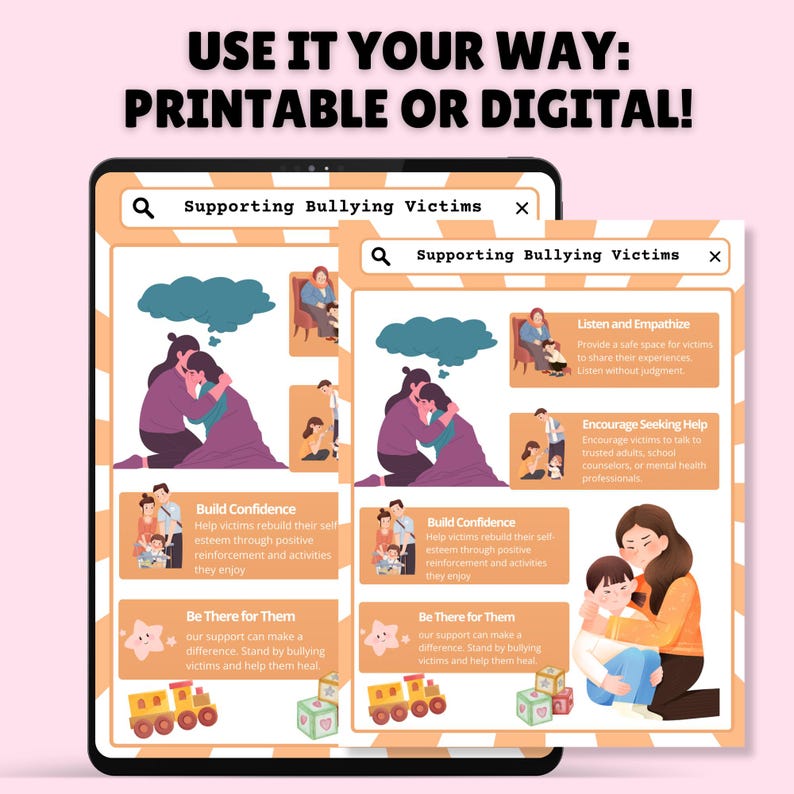 Puede incluir: Un p&oacute;ster imprimible o digital con consejos para apoyar a las v&iacute;ctimas de acoso. El p&oacute;ster presenta ilustraciones de personas que se consuelan mutuamente e incluye texto como "Construir confianza", "Estar ah&iacute; para ellos", "Escuchar y empatizar" y "Fomentar la b&uacute;squeda de ayuda".