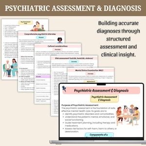 Op de afbeelding: Een laptopscherm toont informatie over psychiatrische beoordeling en diagnose. De afbeelding bevat tekst en afbeeldingen met belangrijke beoordelingsinstrumenten, interviewcomponenten en risicobeoordelingen. De tekst luidt: "Nauwkeurige diagnoses opbouwen door gestructureerde beoordeling en klinisch inzicht."