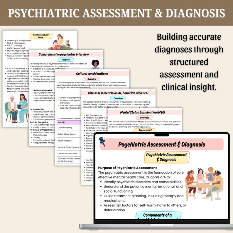 Op de afbeelding: Een laptopscherm toont informatie over psychiatrische beoordeling en diagnose. De afbeelding bevat tekst en afbeeldingen met belangrijke beoordelingsinstrumenten, interviewcomponenten en risicobeoordelingen. De tekst luidt: "Nauwkeurige diagnoses opbouwen door gestructureerde beoordeling en klinisch inzicht."