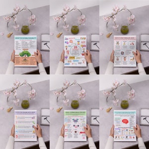 May include: Six printable posters with tips and strategies for managing ADHD. The posters feature colorful illustrations and text, including "ADHD The Invisible Disability", "25 Ways to Self-Regulate ADHD", "5 Tips for Dealing with ADHD", "ADHD Coping Skills for Kids", and "How to Stimulate the ADHD Brain Without Stimulants".