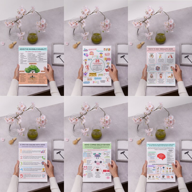 May include: Six printable posters with tips and strategies for managing ADHD. The posters feature colorful illustrations and text, including "ADHD The Invisible Disability", "25 Ways to Self-Regulate ADHD", "5 Tips for Dealing with ADHD", "ADHD Coping Skills for Kids", and "How to Stimulate the ADHD Brain Without Stimulants".