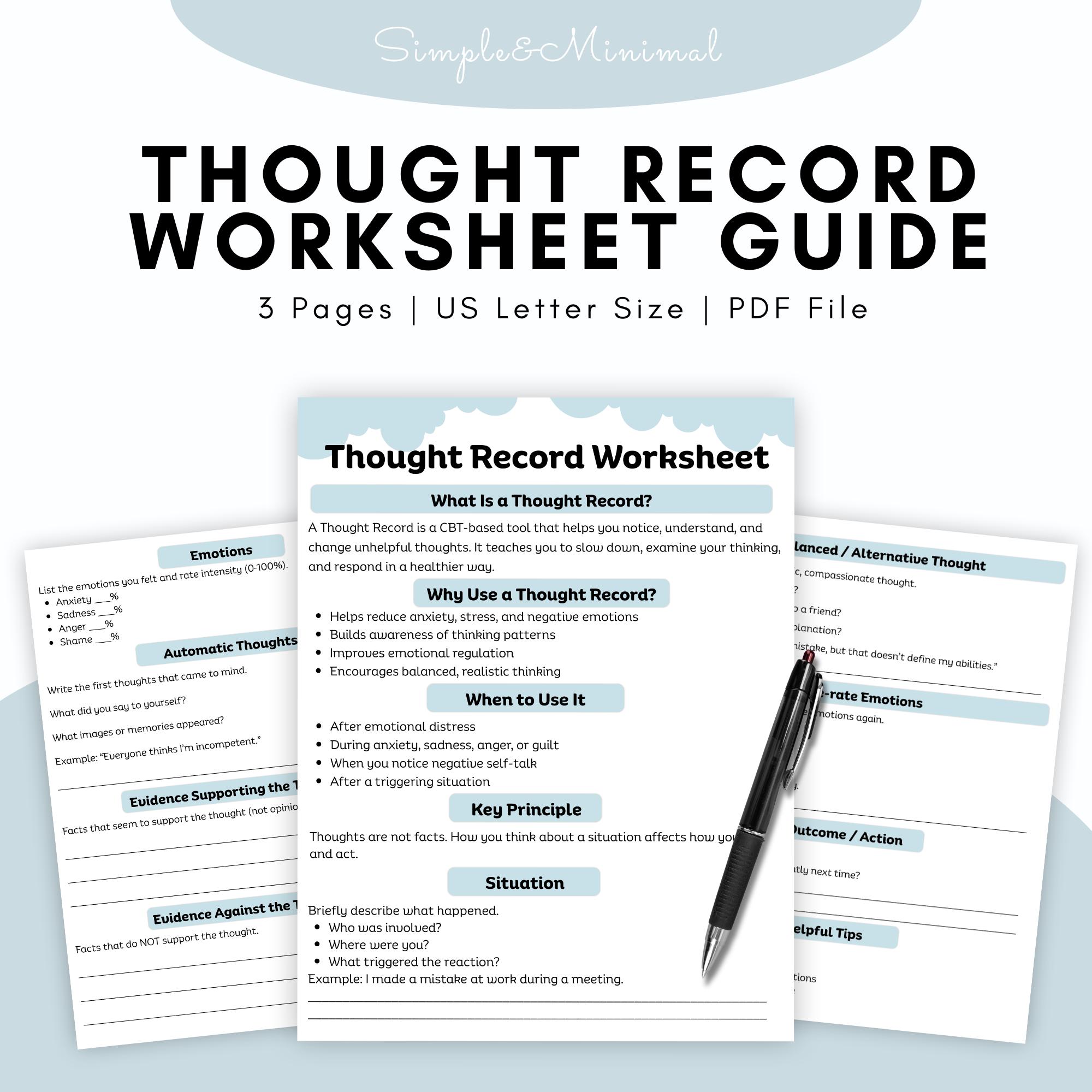 Thought Record Worksheet Guide CBT Thought Challenging Printable ...