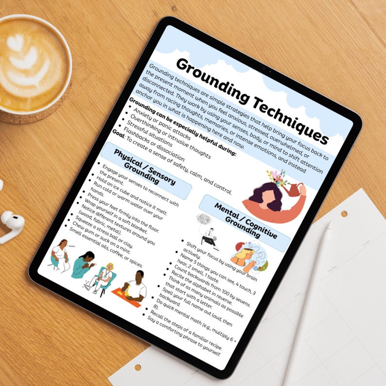 May include: A digital tablet displays a guide on grounding techniques for managing anxiety and stress. The text is in black and blue, with illustrations of people. The guide covers physical/sensory and mental/cognitive grounding methods.