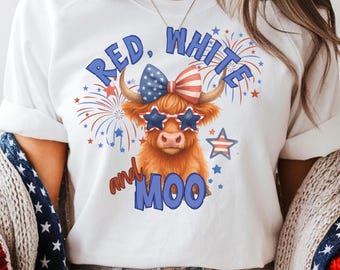 Patriotic Highland Cow Tee: 4th of July T-Shirt