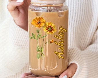 Personalized Flower Iced Coffee Glass Tumbler: 16oz Beer Can Cup