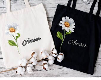 flor personalizada Canvas Tote Bag regalo negro blanco para regalo de dama de honor para su personalizar con nombre bolsa de vacaciones personalizar floral lindo