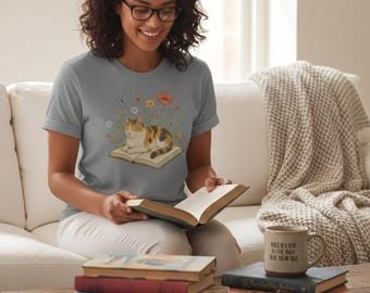 Bookish Cat Shirt Design Aesthetic Reading Lover Gift Idea for Bibliophile Tee with Wildflower Nook Literary Perfect Tshirt Cute Animal