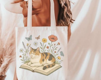 Cat Tote Bag Design Inspiration Reading Nook Calico Illustration Art Book Lover Gift Idea Cottagecore Aesthetic Floral Garden Whimsical