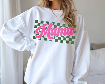 Retro Mama Crewneck Sweatshirt: Green Checkered Mom Shirt