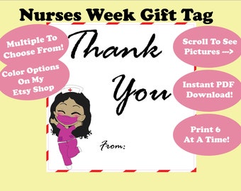 Krankenschwester Geschenkanhänger Druckbares PDF| Geschenkanhänger für die Woche der Krankenschwestern| Br Black Chibi Krankenschwester mit rosa Scrubs|Dankeschön-Geschenkanhänger|Nurse Appreciation Week Tags