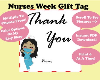 Krankenschwester Geschenkanhänger druckbare PDF | Nurses Week Geschenkanhänger | Br schwarze Chibi Krankenschwester mit L blauen Scrubs | Danke Geschenkanhänger | Krankenschwester Wertschätzung Woche Tags