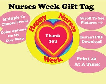 Bedankt verpleegkundigenweek ronde cadeaukaartje| 20 bulkcadeaukaartjes van 2 inch| Direct downloaden| Afdrukbare PDF| Waarderingsweek voor verpleegkundigen| Gelukkig Geel