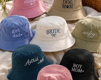 Sombrero tipo pescador Washed bordado a medida, sombrero familiar a juego personalizado, mini sombreros para mamá y papá, sombrero tipo pescador a juego para parejas, regalo de sombrero con nombre personalizado