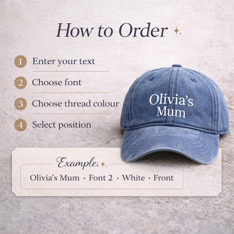 May include: A blue denim baseball cap with the text "Olivia's Mum" embroidered in white. The image includes instructions on how to order a custom hat, with options for text, font, thread color, and position.