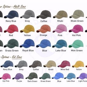May include: A variety of baseball caps in various colors, including black, navy blue, grey, coffee, khaki, and more. The image displays adult and kid sizes, with text indicating "Cap Colour Options".