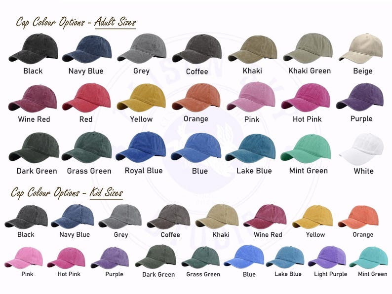 May include: A variety of baseball caps in various colors, including black, navy blue, grey, coffee, khaki, and more. The image displays adult and kid sizes, with text indicating "Cap Colour Options".