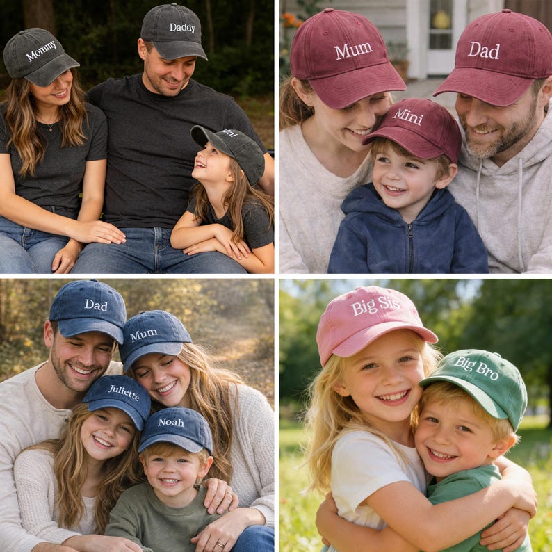 May include: A collection of baseball caps in various colors, each embroidered with a different word. The caps include "Mommy," "Daddy," "Mum," "Dad," "Mini," "Big Sis," and "Big Bro."
