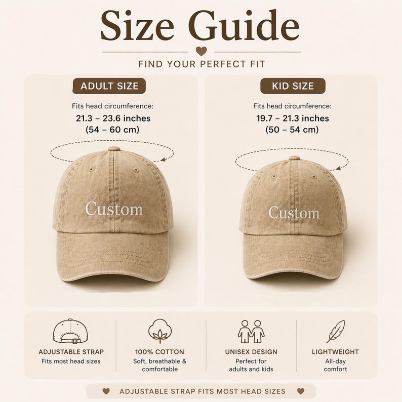 May include: Size guide for custom baseball caps. The adult size fits head circumferences of 21.3 - 23.6 inches (54 - 60 cm), and the kid size fits 19.7 - 21.3 inches (50 - 54 cm). Features include an adjustable strap, 100% cotton, unisex design, and lightweight.