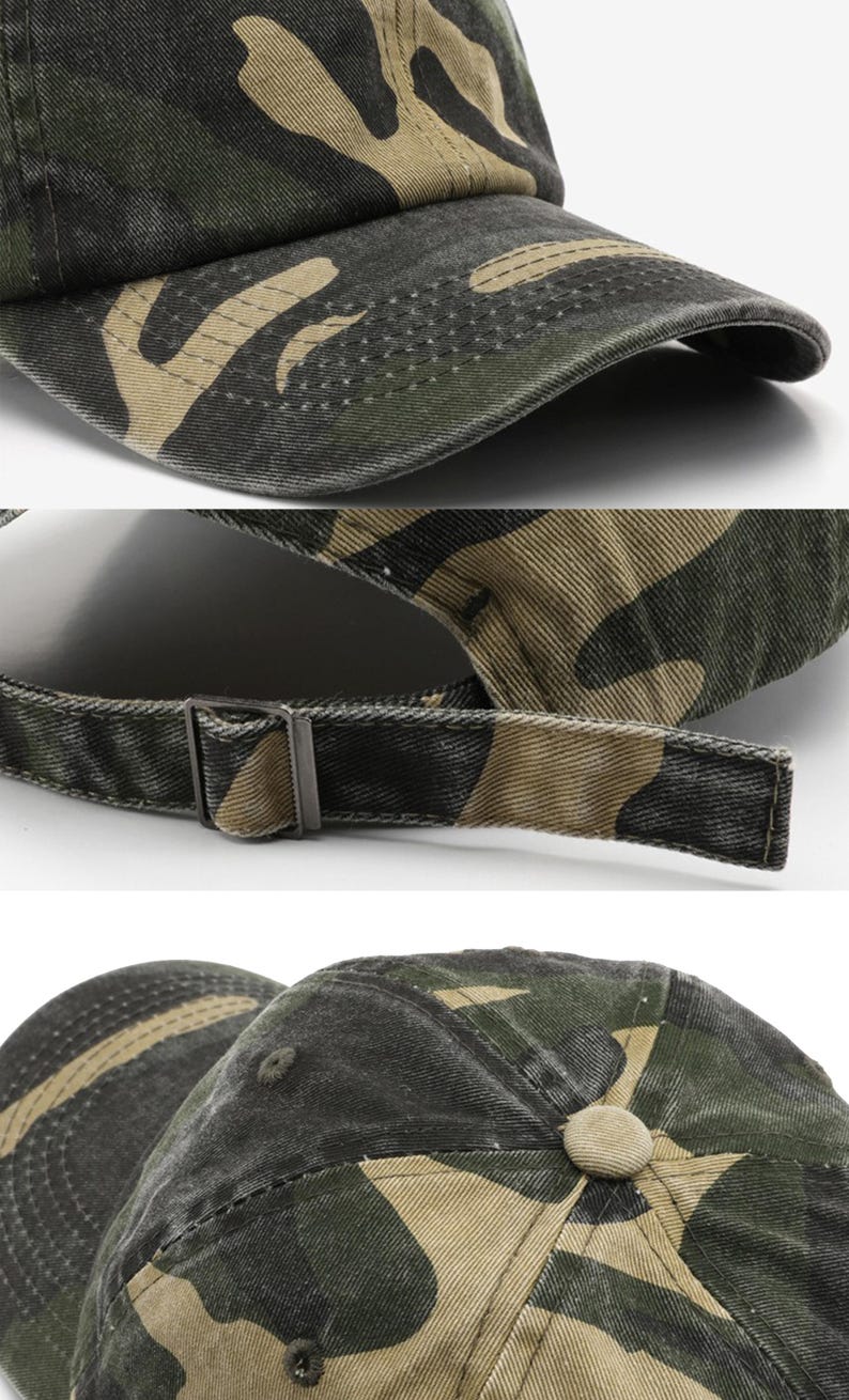 Puede incluir: Una gorra de b&eacute;isbol de camuflaje con una correa ajustable marr&oacute;n. La gorra est&aacute; hecha de una tela de algod&oacute;n suave y desgastada.