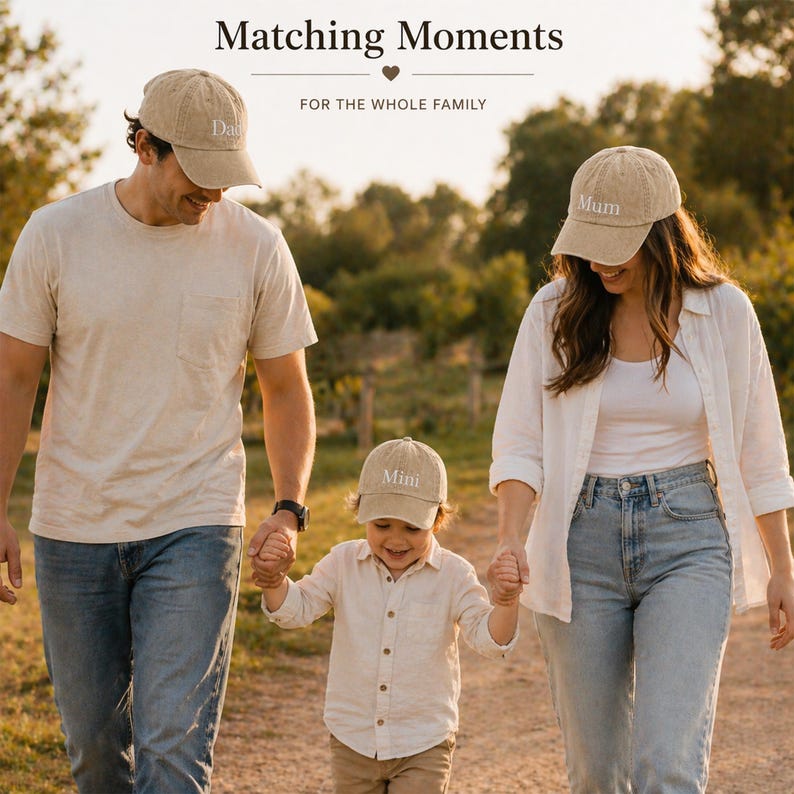 May include: A family walks down a path, each wearing a beige cap. The caps are embroidered with the words "Dad", "Mum", and "Mini". The image is captioned "Matching Moments" and "For the Whole Family".