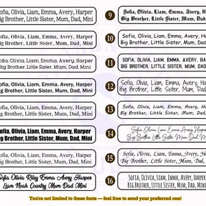 May include: A selection of sixteen text options, each within a rectangular frame, showcasing various font styles. The text includes names like Sofia, Olivia, Liam, and family titles such as Big Brother and Mum. The image also states "You're not limited to these fonts".
