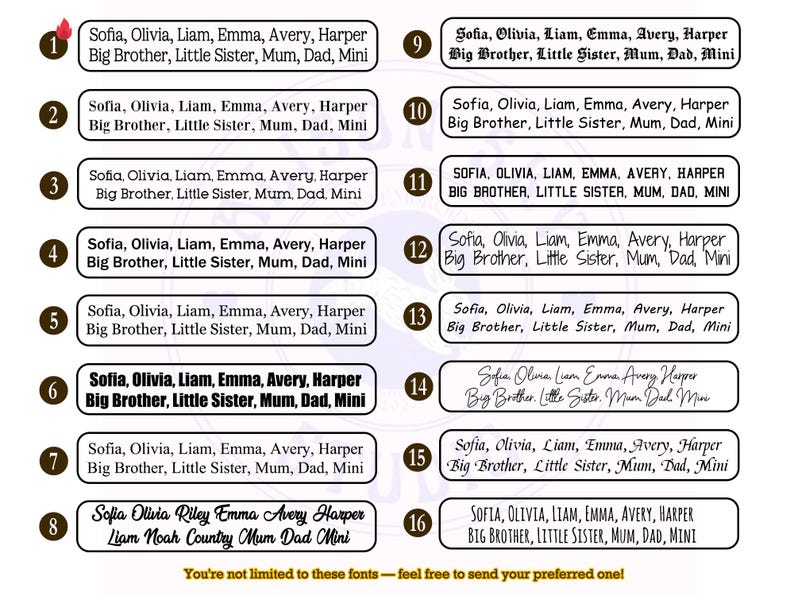 May include: A selection of sixteen text options, each within a rectangular frame, showcasing various font styles. The text includes names like Sofia, Olivia, Liam, and family titles such as Big Brother and Mum. The image also states "You're not limited to these fonts".
