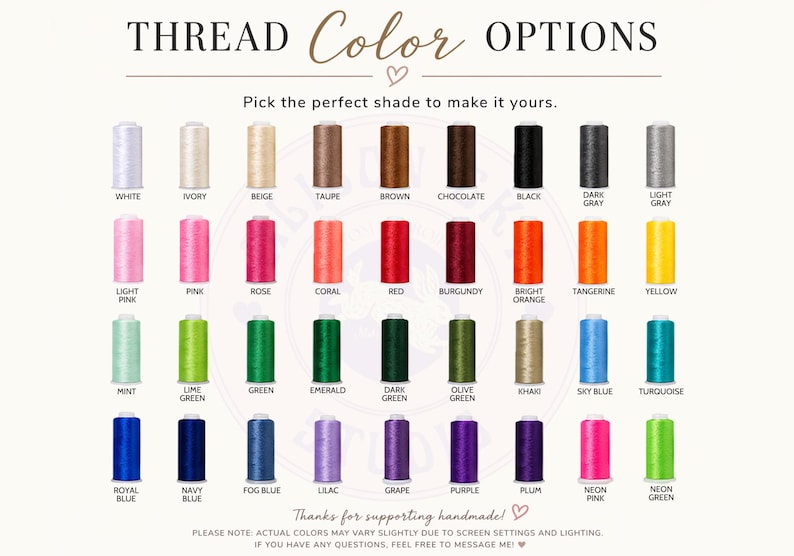 May include: A color chart displaying thread color options for embroidery or crafting. The chart includes a variety of colors, from white and beige to vibrant hues like neon pink and green. Text at the top reads "THREAD Color OPTIONS".