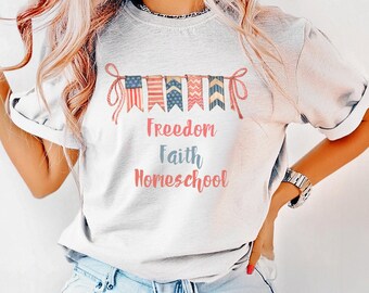 Freiheit Glaube Homeschool Ärmel T-Shirt, Vaterländisches Hausschul-T-Stück, 4. Juli T-Shirt, Hausschule Unabhängigkeitstag Shirt, Homeschooling Shirt