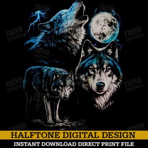 May include: A digital graphic design featuring three wolves against a black background. One wolf howls at a full moon with blue lightning, another stands in profile, and a third wolf head faces forward with detailed fur and blue highlights.
