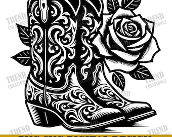 Cowboy Boots With Roses Svg & Png, Western Clipart, Cowboy Boots Vector Image, Flowers Silhouette, Sublimation Design, Cowboy Boots Cut File