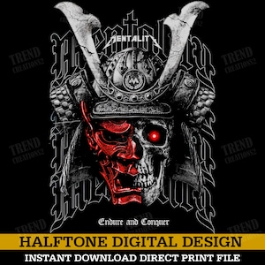 Warrior spirit, halftone fusion of red samurai and skull, symbolizing strength and tradition, gradient texture pattern raster effect for DTF