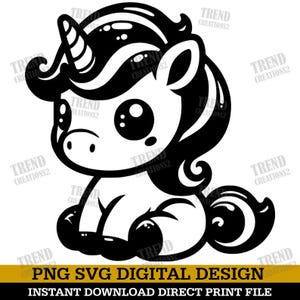 Puede incluir: Una ilustración digital en blanco y negro de un unicornio de dibujos animados con ojos grandes y un cuerno rizado. El unicornio está sentado con las piernas metidas debajo del cuerpo.