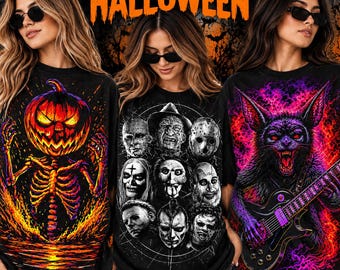 Halloween Halftone Png, 3 Halloween Shirt Designs, Spooky Halloween Png, Skeleton Pumpkin Png, Horror Characters Png, Black Cat Guitar Png