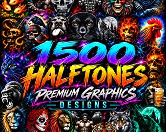 1500 Halftones Png, Skull Halftone Designs, Gothic Png Bundle, Wolf Lion Tiger Png, Grunge T Shirt Designs, Tattoo Style Png