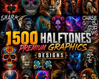 1500 Halftone PNG Bundle, DTF Transfer Designs, Tattoo Style Sublimation, Skull Animal Graphics, Commercial Use, Digital Download
