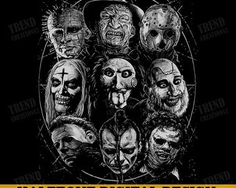 Horror Masks Halftone Png, Scary Mask Collection Png, Halloween Horror Design, Creepy Faces Halftone, Horror Shirt Png, Gothic Sublimation
