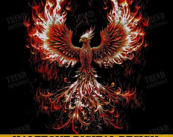 Phoenix Halftone Png, Flaming Phoenix Png, Fire Bird Halftone Design, Rebirth Phoenix Png, Mythical Bird Artwork, Fantasy Shirt Design