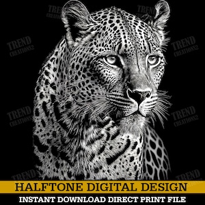 Puede incluir: Diseño digital en semitonos en blanco y negro de la cara de un leopardo. La imagen es detallada y muestra la piel y los ojos del animal.