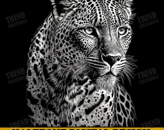 black and white leopard, halftone image, artistic portrait, jaguar face drawing, gradient texture pattern raster effect for DTF