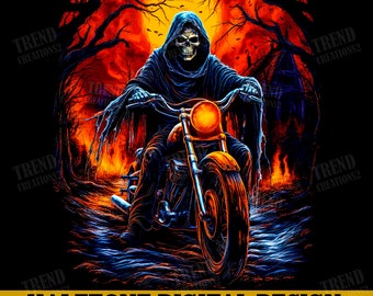 Cool Hell Skeleton on Moto t-shirt for motorcycle lovers, angel of death png, halftone image, gradient texture pattern raster effect for DTF