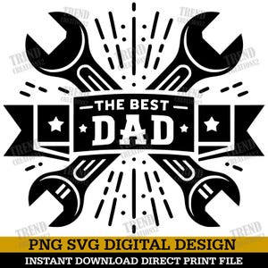 Puede incluir: Diseño digital en blanco y negro con dos llaves inglesas cruzadas y una pancarta que dice "El mejor papá".
