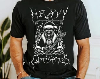 May include: Black t-shirt with a white graphic of a skeleton wearing a Santa hat and playing a guitar. The text "Heavy Christmas" is written in a metal font.