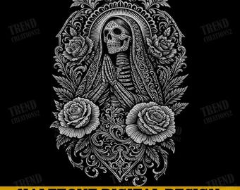 Santa Muerte Halftone Png, Santa Muerte Skull Png, Gothic Skeleton Design, Mexican Folk Art Png, Dark Floral Png, Gothic Shirt Design