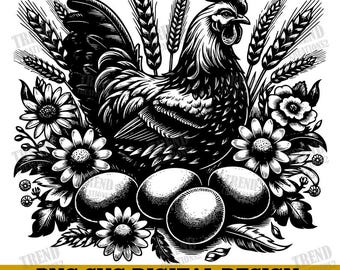 Chicken Svg & Png, Hen Clipart, Flower Vector Image, Chicken Silhouette, Rooster Svg, Chicken Eggs Svg, Sublimation Design, Bird Cut File