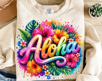Aloha PNG, Tropical Hawaii Sublimation Design, Colorful Hibiscus Flower PNG, Summer Vacation Shirt Design, DTF Transfer, Digital Download