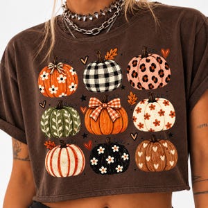 Puede incluir: Una camiseta de manga corta de color marrón oscuro con un estampado gráfico de nueve calabazas con varios patrones, incluyendo cuadros, estampado de leopardo, flores y rayas, acentuado con pequeños corazones, estrellas y hojas.